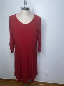 Susan Graver Women's Red Liquid Knit Dress Sz L V Neck Ruched Sleeve Midi - Picture 1 of 9
