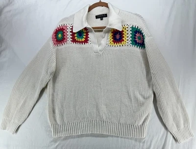 Suéter Joseph A. Crochet Abuelita Cuadrados Talla M Blanco Cuello Tejido Boho Hippy Foto 1 de 4