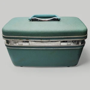 Vintage Samsonite Aqua Blue Train Case Hard Shell Vanity Makeup Travel - Picture 1 of 20