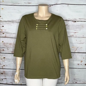 Denim & Co. Nuevo con Etiquetas Talla 2X Verde Oliva - Camisa Top Decorativa Dorada Imitación Tejida - Imagen 1 de 5