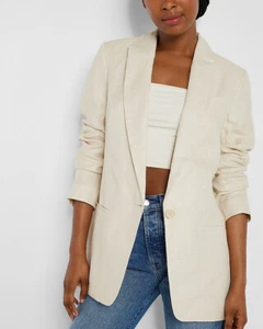 NEW EXPRESS $148 SANDSHELL SPARKLE LINEN BLEND ONE BUTTON BOYFRIEND BLAZER SZ S - Picture 1 of 5