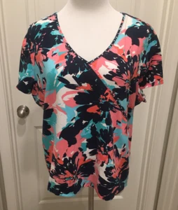 Cute Tee Pink/Blue/Navy Flowers W Studs On Neckline & One Side Ruby Red SZ 2XL - Picture 1 of 7