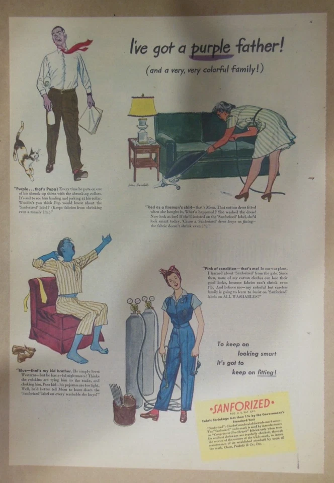 Anuncio de ropa sanforizada: tengo un padre púrpura de la década de 1940 Tamaño: 11 x 15 pulgadas Foto 1 de 1