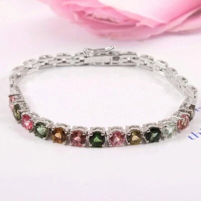Natural Multi Color Tourmaline Gemstone 925 Sterling Silver Tennis Bracelet Gift - Image 1 of 4
