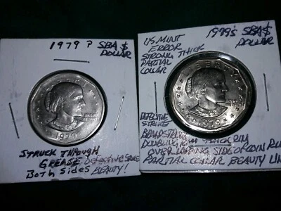 ERRORS 2 US SBA 1$ DOLLAR DEFECT STRIKE PARTIAL COLLAR STRUCK THRU GREASE DEBRIS - Image 1 of 4