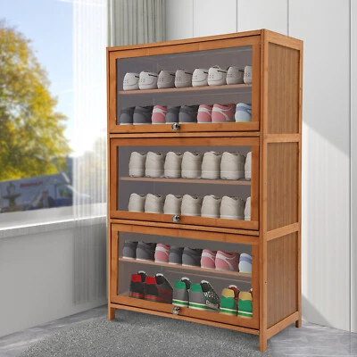 Shoe Organizer 6-Tier Storage Cabinet w/ 3 Flip-up Door 32" Entryway Bamboo - Image 1 of 4