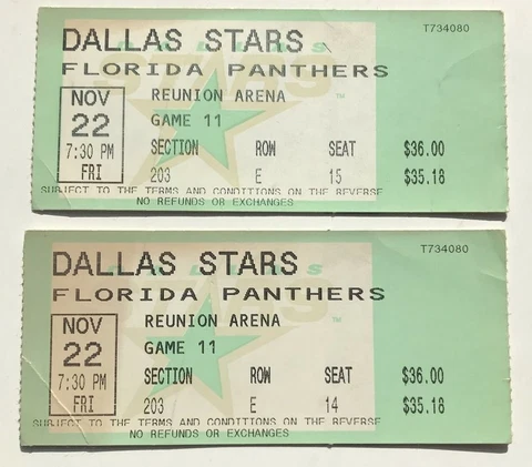 11/22/96 Dallas Stars NHL Game #11 Florida Panthers Reunion Arena Ticket Stub Cover