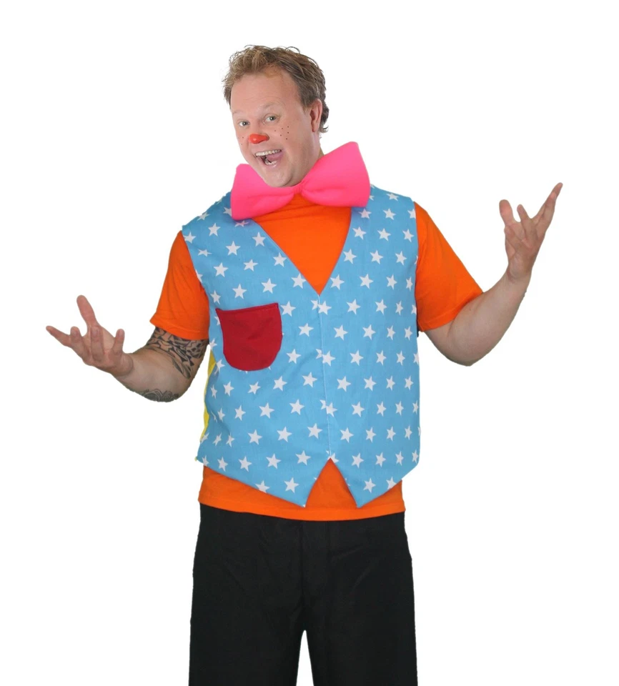 THE DRAGONS DEN Adults Mr Tumbles Kit Waistcoat & Bowtie Kids Entertainer Fancy Dress Costume