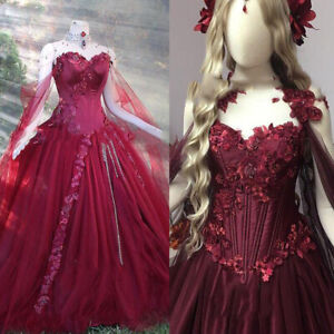 Red Gothic Wedding Dress A Line Lace Sleeveless 3D Flowers Strapless Bridal Gown
