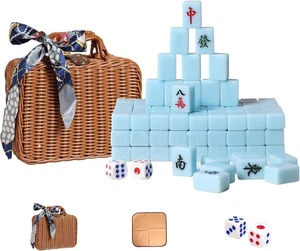 Reise Chinesisches Mahjong Set (Aquablau, 144 Fliesen) mit Rattan Aufbewahrungsbox und Ta - Bild 1 von 5