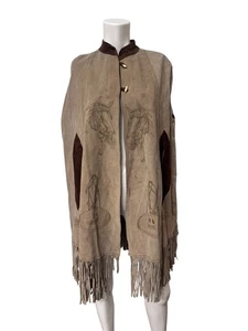 Vintage Leather Suede FRINGED PONCHO CAPE Festival Hippie Mexico Costume Horses - Picture 1 of 8