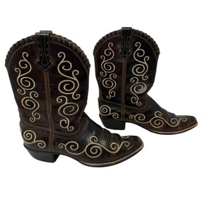 Ariat Western Cowboy Boots Girls 3.5 Festival Brown Leather Embroidered Scroll - Picture 1 of 9