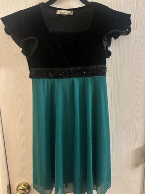 Girls Speechless Green Black Velvet Top Sparkle Christmas Dress Size 7 - Image 1 of 3