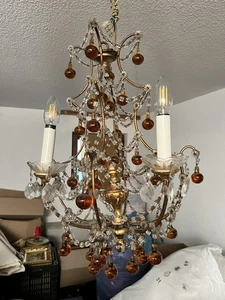 Hängelampe mit Kristallanhänger und Holzkorpus Deckenlampe Lüster - Bild 1 von 14