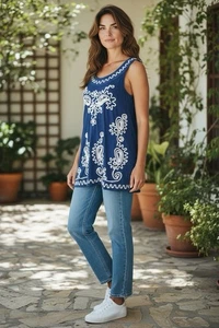 Lauren Michelle Damen Gr. Large blau-weiß bestickt Stretch Pullover - Bild 1 von 1