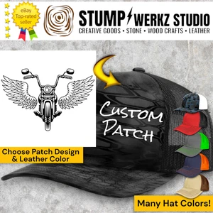 Custom Hat Trucker Baseball Cap Richardson Leather Patch Motorcycle Bike & Wings - Picture 1 of 22
