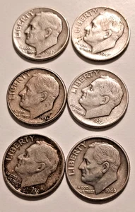 Lot 6× 10 Cent USA 1946–1956 Silber Roosevelt Dime – s–vz - Bild 1 von 2