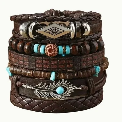 6PCS Retro Punk Braided Western Cowboy Style Bracelets Adjustable Unisex Gift - Image 1 of 4