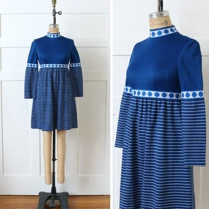 Vintage 1960s SPACE AGE MOD babydoll dress empire waist blue stripes & dots - Picture 1 of 9