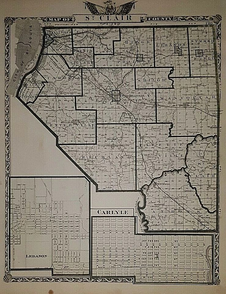 Mapa de ferrovia e condado de 1876 ~ ST CLAIR Co., Illinois ~ Washington Co. ao contrário - Imagem 1 de 4