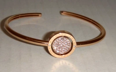 MICHAEL KORS Rose Gold Cuff Bracelet MK Monogram Crystals Pave Reversible Disk - Image 1 of 4