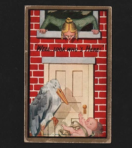 OPC 1909 Stork & Baby Well Look who's here FA Moss Artist Signed FLC Unposted - Picture 1 of 2