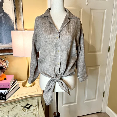 NUEVO SIN ETIQUETAS Mujer Lafayette 148 Marrón Jaspeado Corbata Frontal Lino Camisa Top Blusa PEQUEÑA Foto 1 de 2