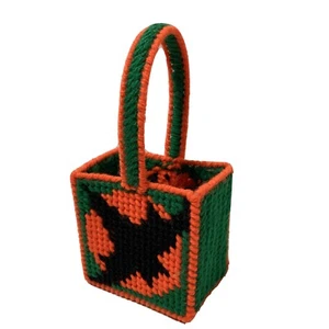 VTG Halloween Black Bat Full Moon Plastic Canvas Basket Treat Box Bag Orange - Picture 1 of 11