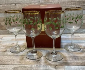 NEW LENOX For The Holidays Set Of 4 Wine Glasses GOBLETS Stems Christmas Holly - Picture 1 of 5