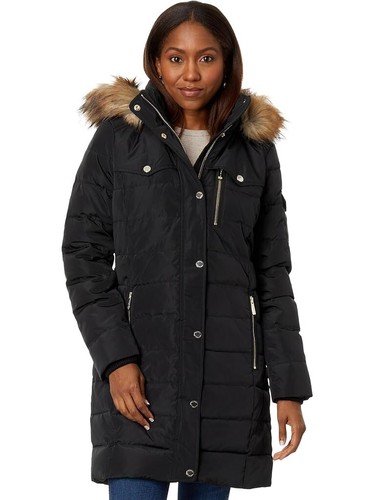 Cappotto imbottito trapuntato con cappuccio e orlo in pelliccia sintetica donna Michael Kors PL nero