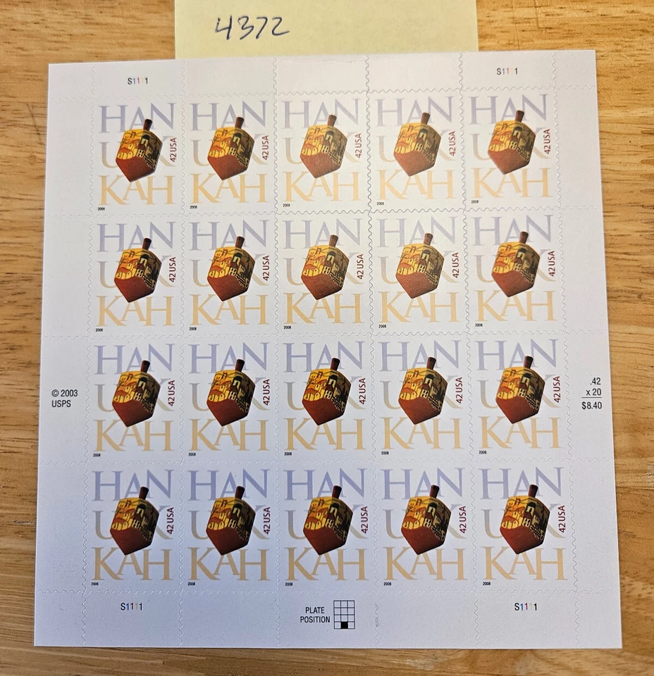 Scott 4372 Sheet of 20  42¢ Hanukkah Stamps Face Value $8.40 - Image 1 of 1