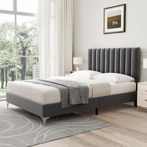 Platform Bed Frame Velvet Upholstered with Adjustable Headboard Wood Slats Grey - Picture 1 of 22