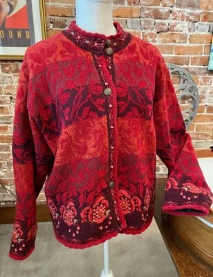 Исландский дизайн красный цветочный вышитый шерсти с подкладкой кардиган свитер L пальто - Изображение 1 из 4