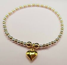 Sterling Silver 925 & gold bead Bracelet stacking with heart charm stretch