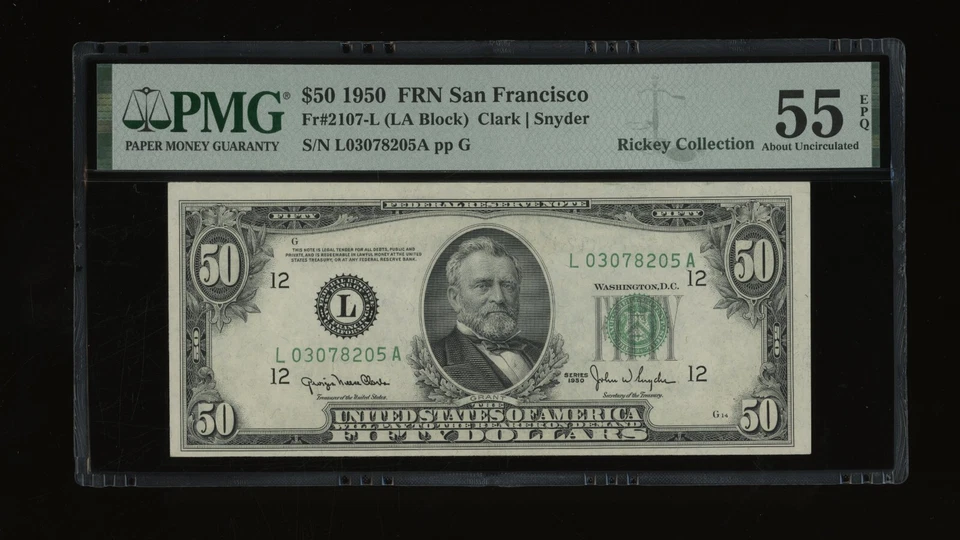 DBR 1950 $50 FRN San Francisco Fr. 2107-L PMG 55 EPQ Serial L03078205A - Image 1 of 2