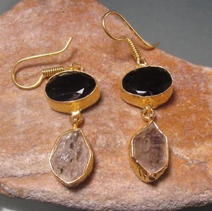 18K vergoldet Messing natürliche Hekimer Diamant Quarz/Schliff schwarzer Onyx 9g Ohrringe. - Bild 1 von 4