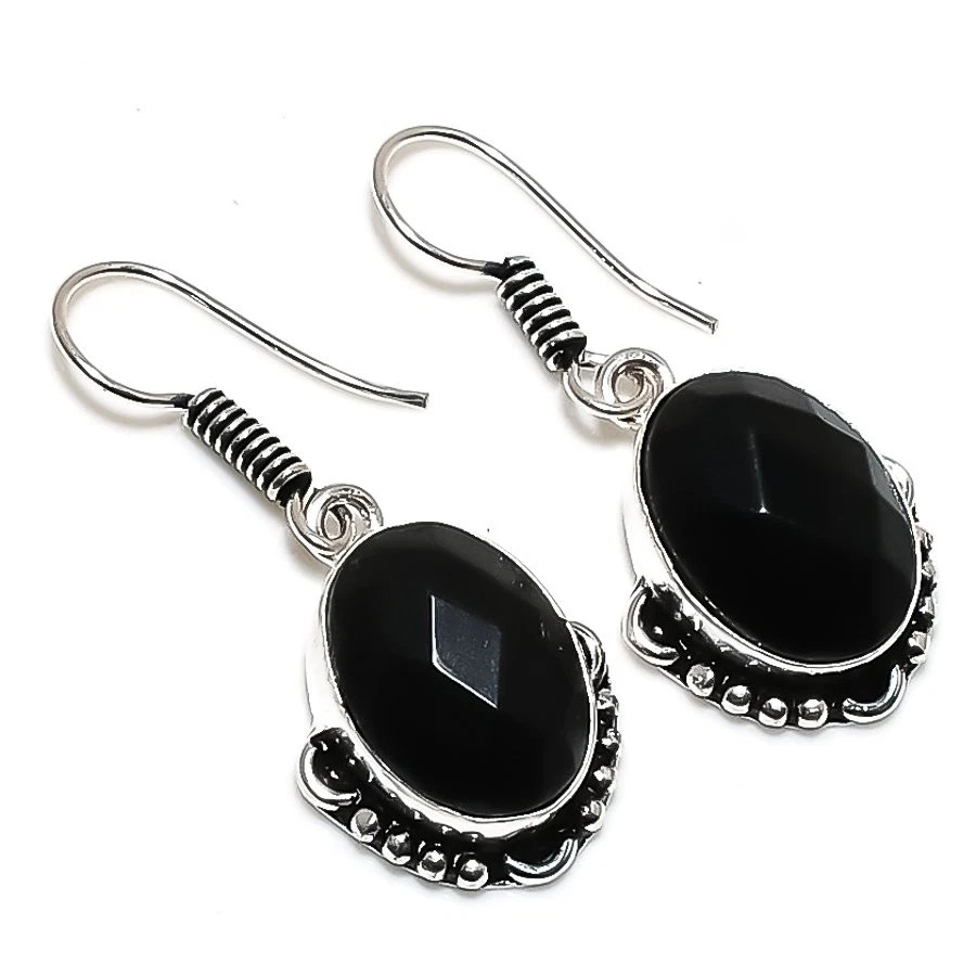 Black Spinel Gemstone Handmade 925 Sterling Silver Jewelry Earring Size 1.5" - Image 1 of 1