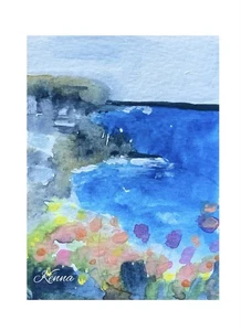 Aceo By Kenna Gouache Painting Seascape Landscape Original  2.5” X 3.5” - Foto 1 di 4