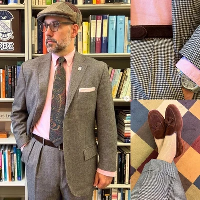 2Pcs Men's Suits Formal Business Houndstooth Notch Lapel Dinner Party Wear - Image 1 of 3