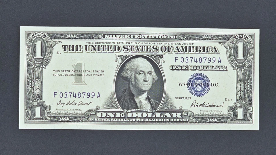 1957 US $1 Silver Cert, FR#1619,  SGUNC-68 EPQ, S# F03748799A (2nd of 3 consec) - Image 1 of 2