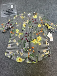 Calvin Klein Women’s Blouse S Black White Stripe Floral Print Button Shirt NWT - Picture 1 of 9