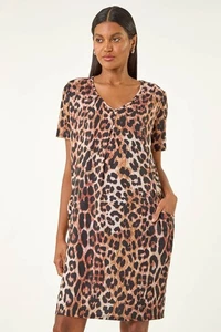 Roman Brown Animal Leopard Print stretch Shift Dress with pockets in Size 12 - Picture 1 of 4