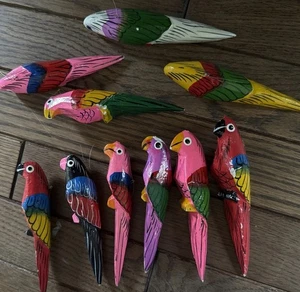 Vintage set (15) hand carved hand painted parrots Ornaments Ring On Top To Hang - Picture 1 of 4