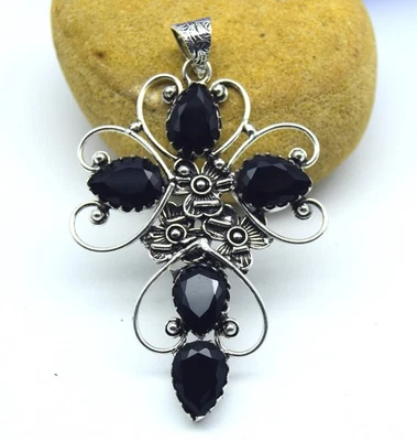 Colgante de joyería de plata de ley 925 hecho a mano con piedras preciosas de espinela negra tamaño-2,5" Foto 1 de 4