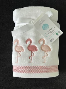 CARO - FLAMINGO PRINT - HAND TOWELS SET OF 2 - CORAL WHITE- NEW - Picture 1 of 2