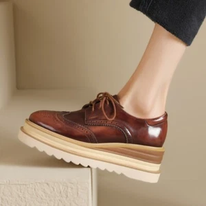 Womens Carved Wing Tip Platform Wedge Heel Brogue Real Leather Shoes Lace Up New - Picture 1 of 23