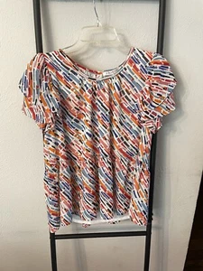 Joy Joy Diagonal Print Flutter Sleeve Peplum Hem Blouse Size Small - Picture 1 of 4