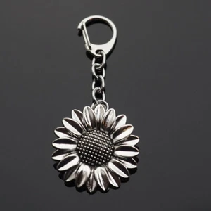 Sunflower Clip On Bag Key Ring Silver Charm Pendant Keychain Big 37x37mm - Picture 1 of 3