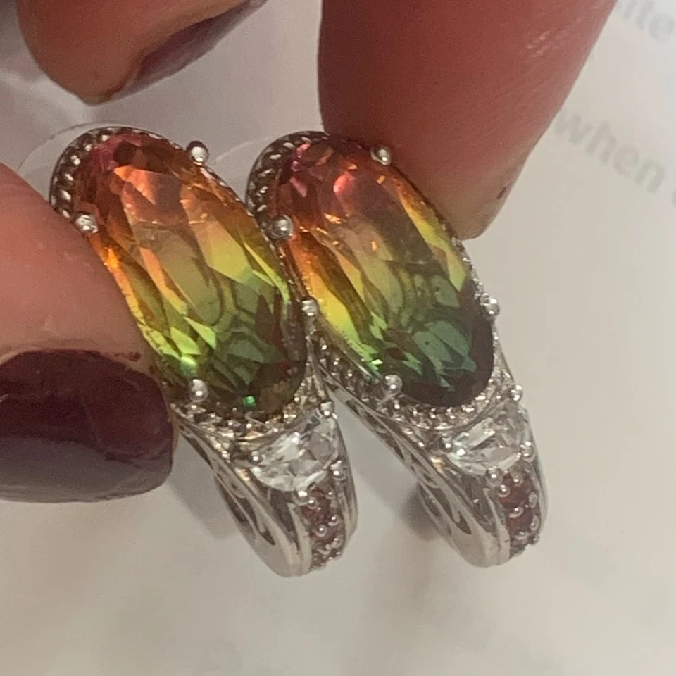 Platinum Plated 925 Rainbow Quartz with Mozambique Garnet J hook earrings NWOT - Image 1 of 4