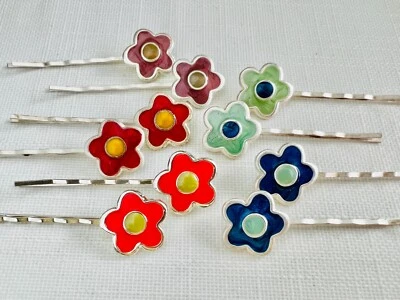 Pair Vintage 1980s Silver Plated Enamel Hair Grips Bobby Pins Slide Flower Power - Image 1 of 4